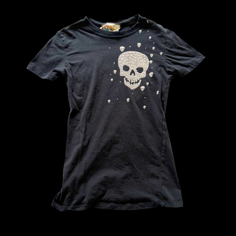 Blue Bird Skull Tee Black Rhinestone Studded Cotton T-Shirt 017J-21A-P S
